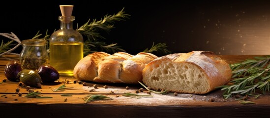 Poster - Loaf of bread, olives, and olive oil bottle close-up