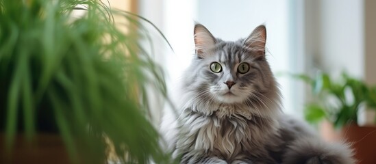 A cat sits floor beside plant