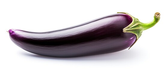 Eggplant with green stem on white backdrop