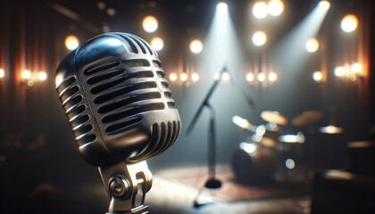 Poster - Vintage microphone close-up with bright stage lights in background, music performance concept. Generative AI