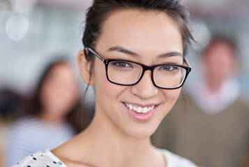 Poster - Portrait, employee and happy woman in office for meeting, internship or professional career. Graduate, editor and person with confidence for publication, artistic job or creative at magazine agency
