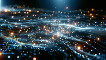 Aufkleber - Glowing digital network particles and lines on a dark blue background, representing connectivity and technology. Creative concept. Generative AI