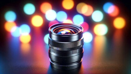 Poster - Close-up of a camera lens with colorful bokeh lights in the background, illustrating a photography concept. Generative AI