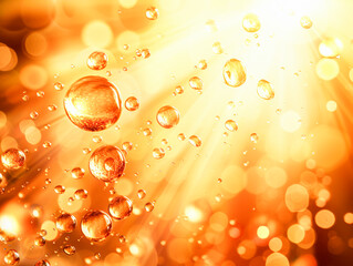 Aufkleber - Glowing golden bubbles floating on a radiant orange background, conveying a festive, celebratory concept. Generative AI