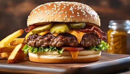 delicious fast food chain burger, highlighting the perfect assembly of beef patties, crispy bacon, cheddar cheese, pickles, and a toasted  background