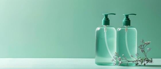 Gel cleansers on a plain mint green background with soft lighting