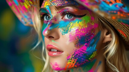 Wall Mural - Portrait of blonde woman in hat and colorful body art woman