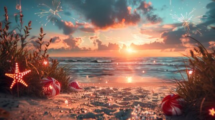 Wall Mural - A beach scene with a starfish and two red and white candy canes