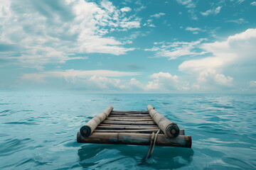 A simple wooden raft isolated in the ocean in nice weather