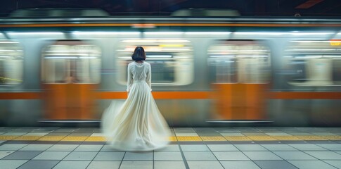 Wall Mural - Beautiful woman in a white dress standing on the platform of a Tokyo subway station, with a motion blurred train passing