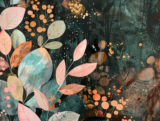 Wall Mural - An abstract botanical painting with stones and leaves. 