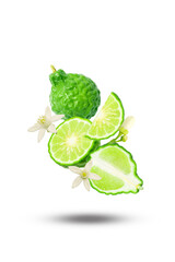 Wall Mural - Flying group bergamot with slices and flower isolated on white background.