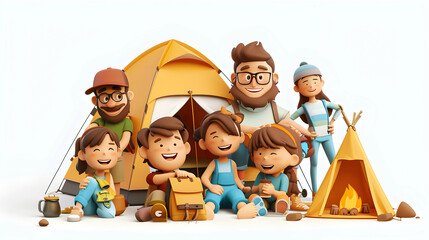 Wall Mural - Happy Family Camping Trip with Life Insurance Protection   3D Flat Icon in Cartoon Style