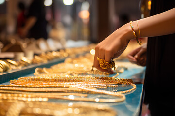 Customers buying gold jewellery at a gold shop, closeup photo, blur image