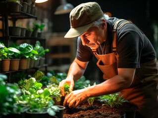 A person tending to plants indoors, dimly lit, focused on gardening, showcasing a green lifestyle. Generative AI