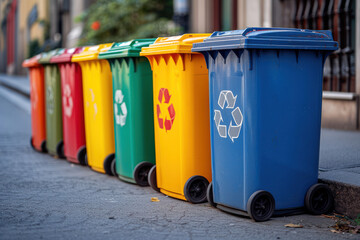 Poster - Row of Colorful Trash Containers on the Street extreme closeup. Generative AI