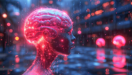 Poster - AI Head with a Neuroma Hologram on a Computer Circuit Board extreme closeup. Generative AI