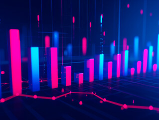 Aufkleber - A digital bar graph with glowing pink and blue bars on a dark background, representing a concept of data analysis. Generative AI