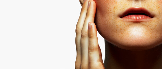 Poster - Close-up of a woman's lower face and hand, highlighting her lips and skin texture against a white background, emphasizing beauty and skincare. Generative AI