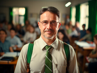 Aufkleber - A mature male teacher standing in a classroom with students in the background, concept of education. Generative AI