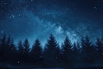 Wall Mural - Night Sky Star. Dark Blue Sky Full of Stars Shining Above Tree Field
