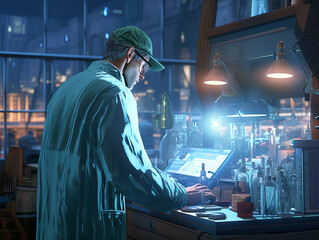 Poster - A digital illustration of a man working in a lab at night with city background, conveying a concept of research and development. Generative AI