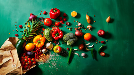 Wall Mural - Variety of fresh fruits and vegetables spilled from a paper bag