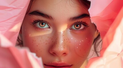 Beautiful young woman with clean fresh skin. Asian girl with beautiful brown bright eyes ,expressive eyebrows looks into the hole of pink colored paper