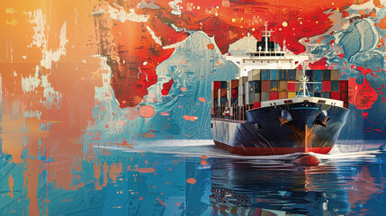 Wall Mural - A detailed painting of a container ship gracefully sailing across the vast ocean, showcasing international sea cargo transportation