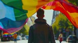 Fototapeta Londyn - People with rainbow flag on pride parade, Friendship and Diversity in the LGBTQ+ Community, event or protest march or demonstration or festival for LGBTQ+, ai fanerative