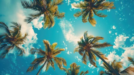 Wall Mural - A beautiful blue sky with palm trees in the background. The palm trees are tall and spread out, creating a sense of openness and relaxation. The sky is clear and bright, making the scene feel warm