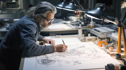 Poster - An engineer working on technical drawings at his desk, with a focus on detail and precision, set against a workshop background, depicting the concept of innovation. Generative AI