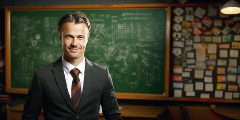 Aufkleber - Confident businessman in front of a chalkboard with sketches, warm indoor lighting, concept of leadership and innovation. Generative AI