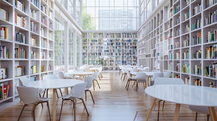 modern school library interior featuring panoramic city views. architectural design concept.