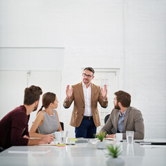 Aufkleber - Business people, teamwork and meeting in office for strategy for project management, information and client feedback. Discussion, conversation and creative ideas for collaboration on company task.