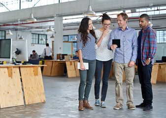 Poster - Business, people and creative office with tablet, talking together in web design agency for idea and work project, Planning, social networking and online browse for company mission and collaboration