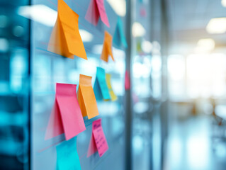 Canvas Print - Colorful sticky notes on glass with a blurred office background, concept of brainstorming or planning. Generative AI