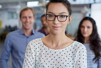 Aufkleber - Collaboration, leadership and portrait of designer woman with team in office for small business startup. Face, management and teamwork with employee group in creative workplace together for career