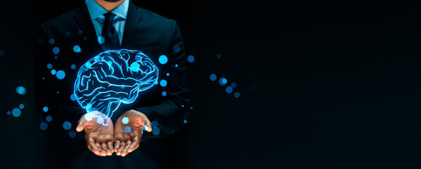 Poster - A person in a suit holding a glowing blue brain, digital style, on a dark background, concept of intelligence and innovation. Generative AI