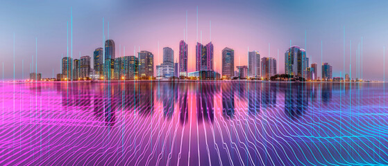 Poster - A city skyline at dusk with neon grid lines superimposed, against a twilight background, visualizing a digital concept. Generative AI
