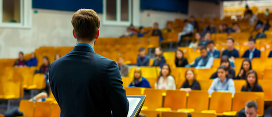 Poster - A person presenting to an audience in a lecture hall, focus on the speaker, blurred background, concept of education. Generative AI