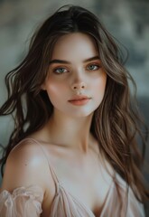 Wall Mural - a captivating portrait of a brown-haired beauty showcases her delicate evening makeup, her kind gaze