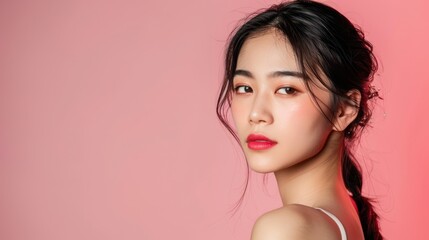 Wall Mural - a captivating portrait showcases the grace and charm of a young asian woman, her delicate features a