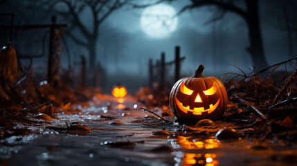 Wall Mural - Picture of Halloween holiday. Orange pumpkins, bats and different scary decorations