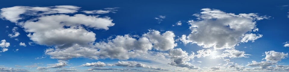 Wall Mural - seamless cloudy blue sky 360 hdri panorama view with zenith and clouds for use in 3d graphics or game development as skydome or edit drone shot or sky replacement