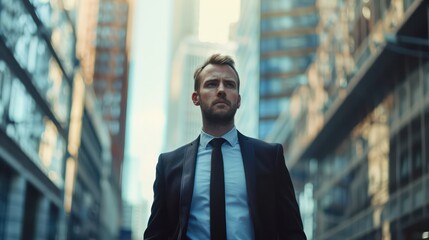 Wall Mural - A determined businessman walks briskly through the city, his focused expression revealing his commitment to success. 