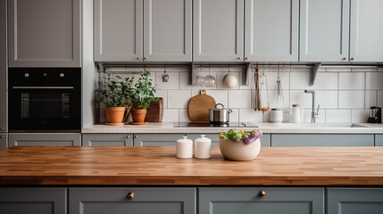 Wall Mural - Big wooden table top in the kitchen with kitchen utensil on the background, blurred background