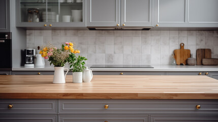 Wall Mural - Big wooden table top in the kitchen with kitchen utensil on the background, blurred background