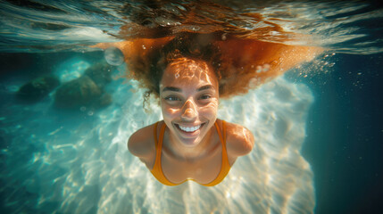 A young girl in an orange bikini smiles while swimming below the surface in the ocean. The water is clear and the sun's rays illuminate her face.