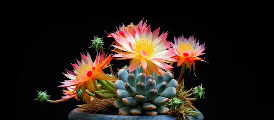 Poster - Gymnocalycium cactus in a pot with a colorful flower providing an appealing visual element suitable for a copy space image